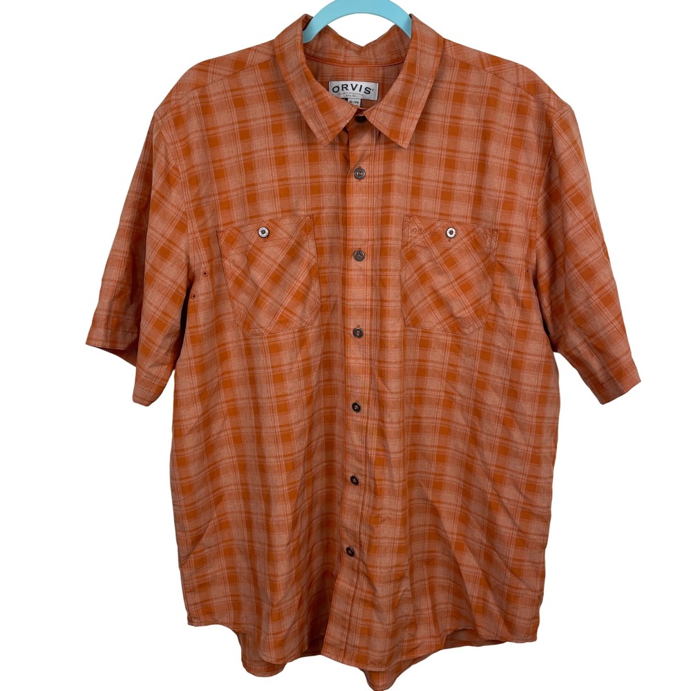 ORVIS Mens Plaid Short Sleeve Button Up Shirt Orange Classic‎ Collection Size XL